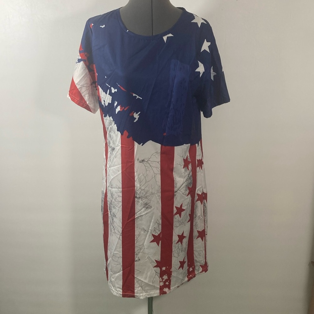 Gulang Dress Women Size M Red White & Blue Patriotic Short Sleeve